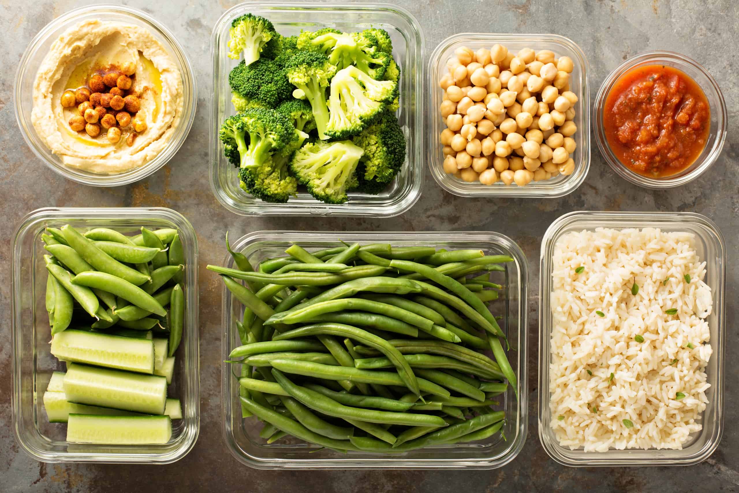 plant-based meal prep with rice, chickpeas, and vegetables