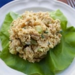vegan chicken salad on lettuce