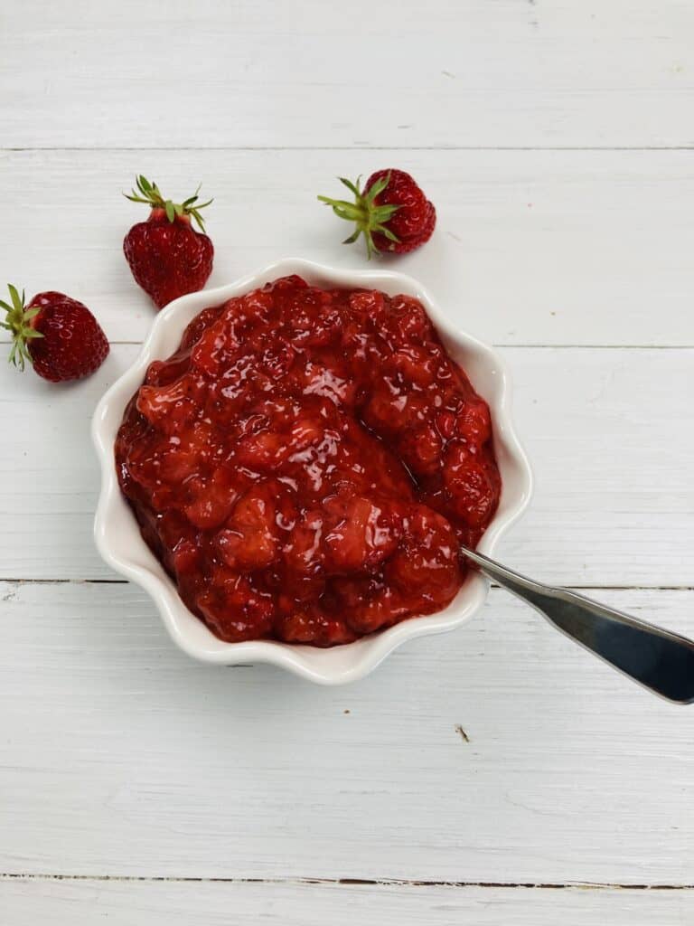 low-sugar strawberry jam in a dish