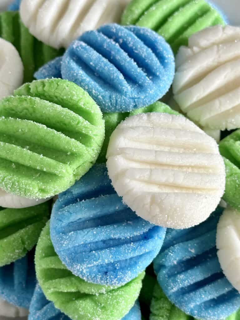 close up of blue, green, and white cream cheese mints