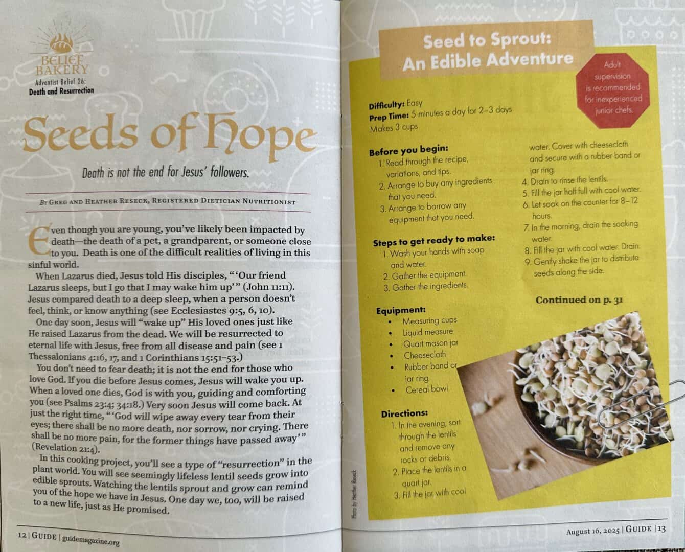Photo of the first page of recipe in the August 16, 2025 issue of Guide magazine 