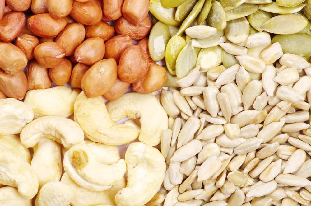 pumpkin seeds, sunflower seeds, cashews, and peanuts