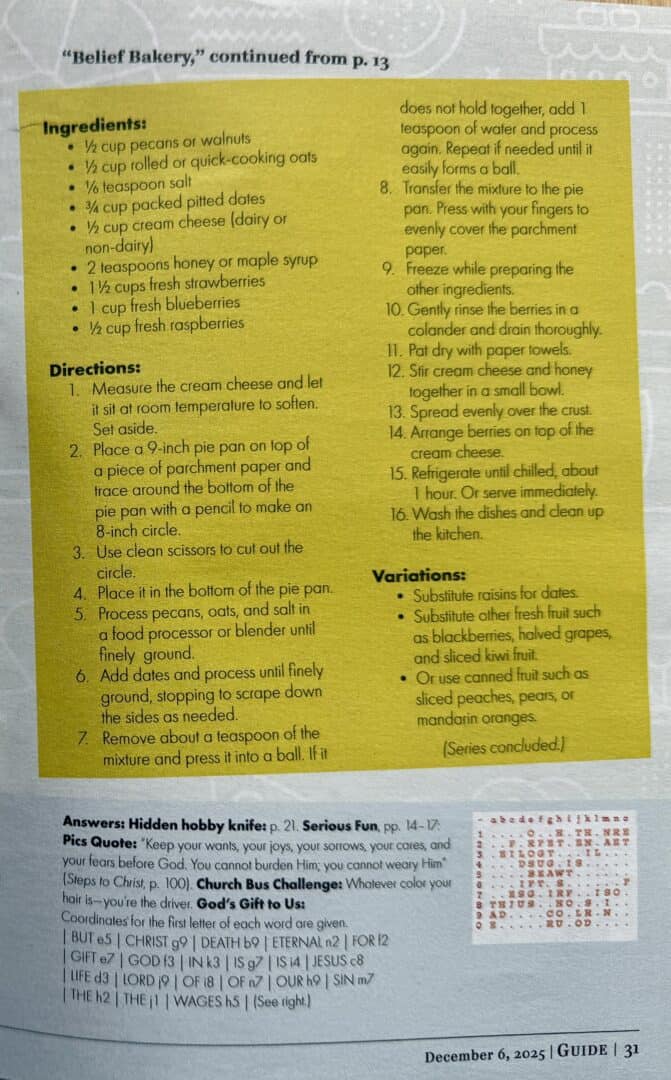 Photo of the third page of vegan fruit tart recipe in December 6, 2025 Guide magazine